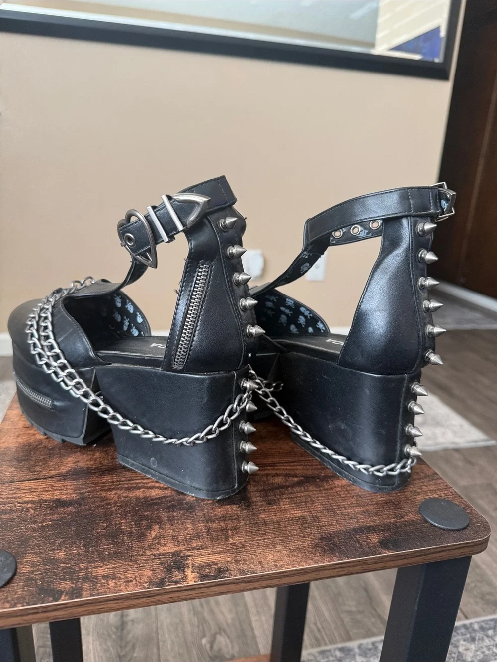 LAMODA Black Platform Mary Janes with Chain & Spike Accents